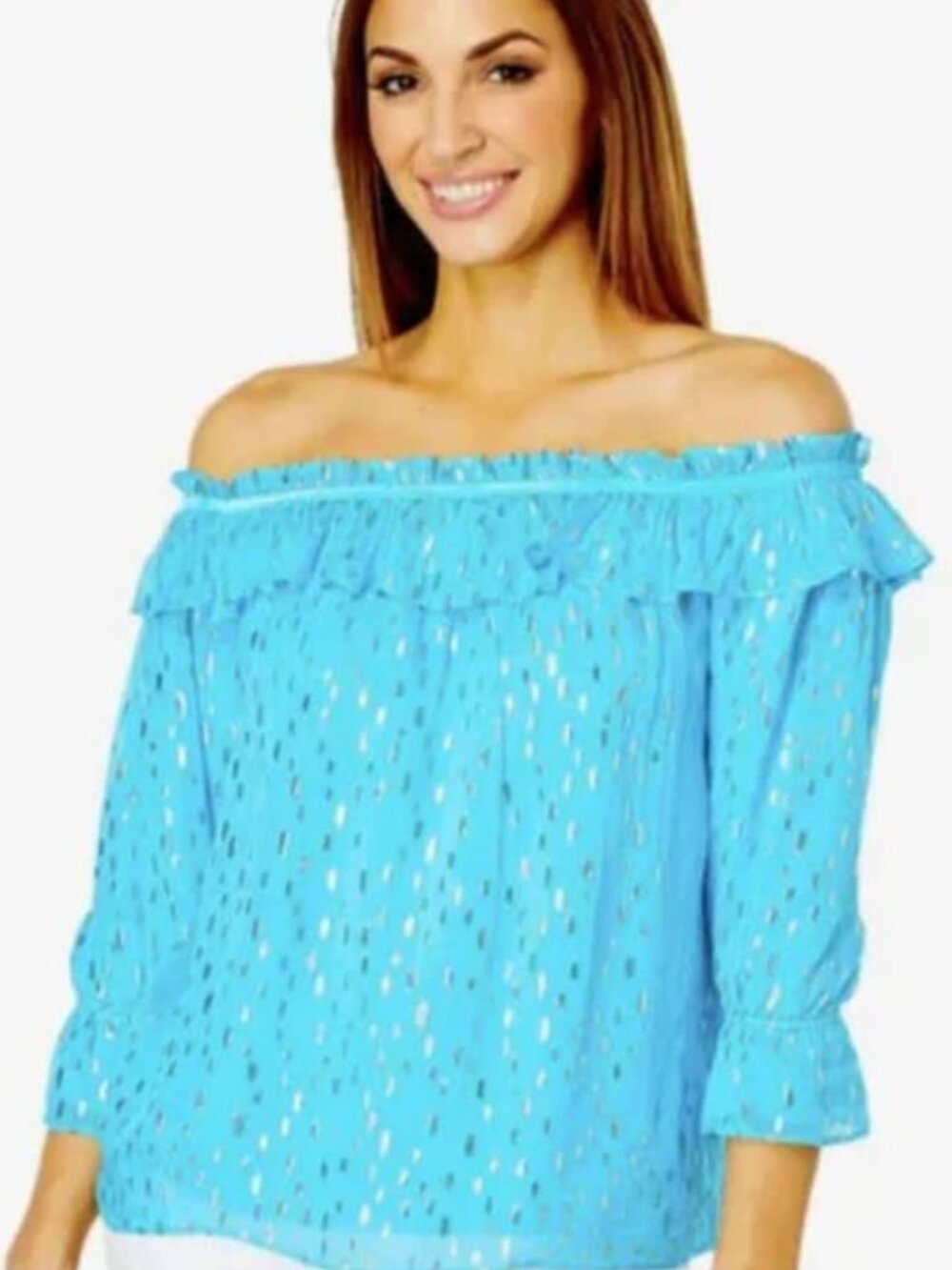 Lilly Pulitzer Ceecee Turquoise Oasis Metallic Dobby Off Shoulder Top size S